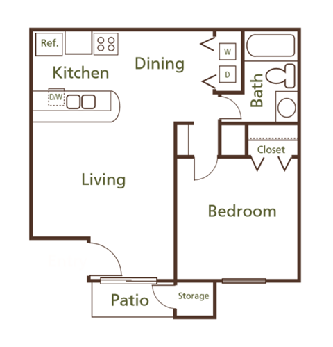 Floor plan for 1 bed, 1 bath, 667 sqft